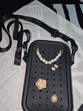 Pearl Accent Crossbody Bag Charm Panel - Black with Pearls